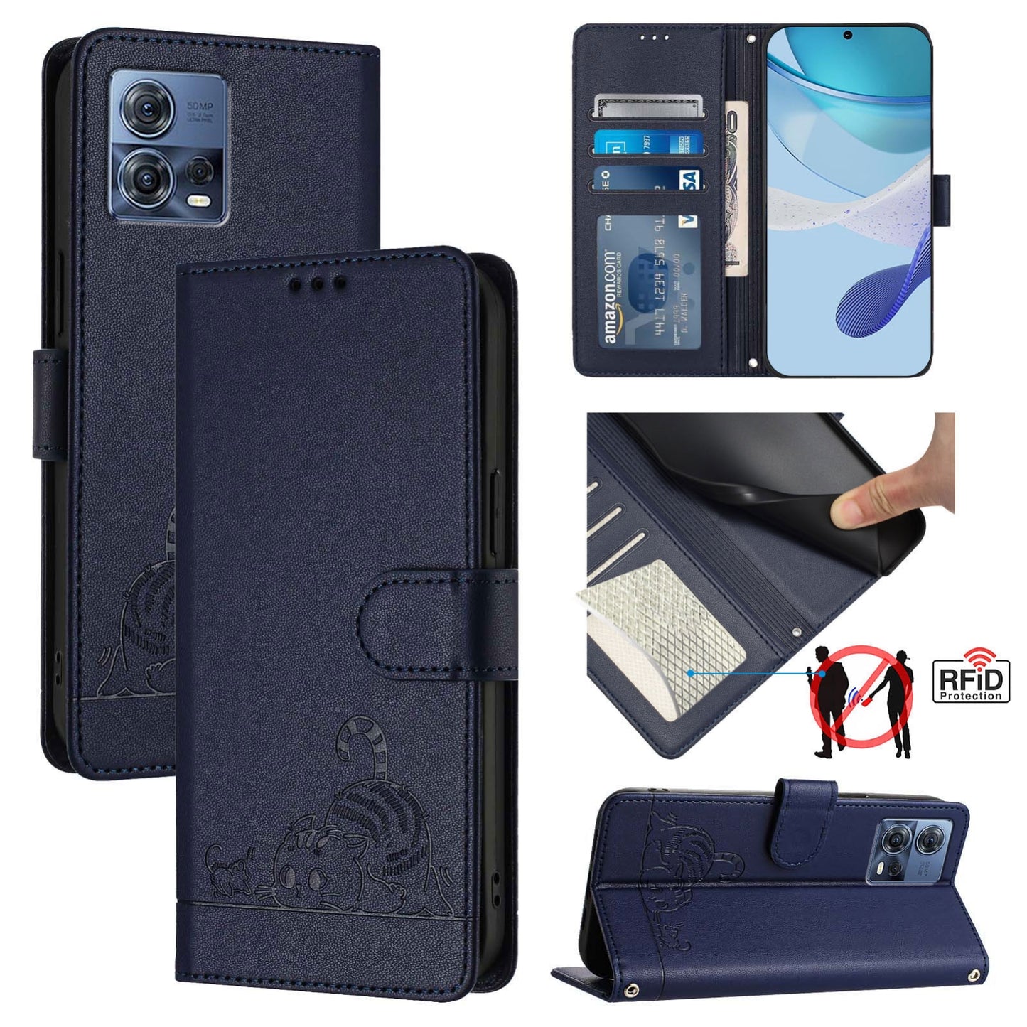 Motorola Edge 30 Fusion Cat and Rat Embossed Pattern, RFID Leather Phone Case with Lanyard, Kickstand, and Wallet Features