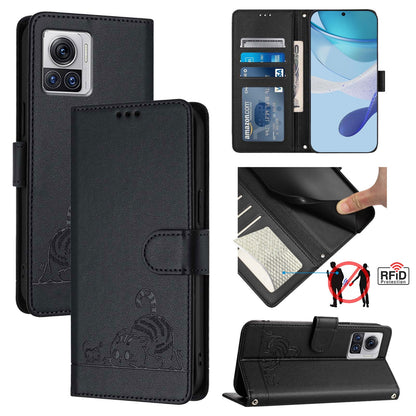 Motorola Moto X30 Pro 5G Cat and Rat Embossed Pattern, RFID Leather Phone Case with Lanyard, Kickstand, and Wallet Features