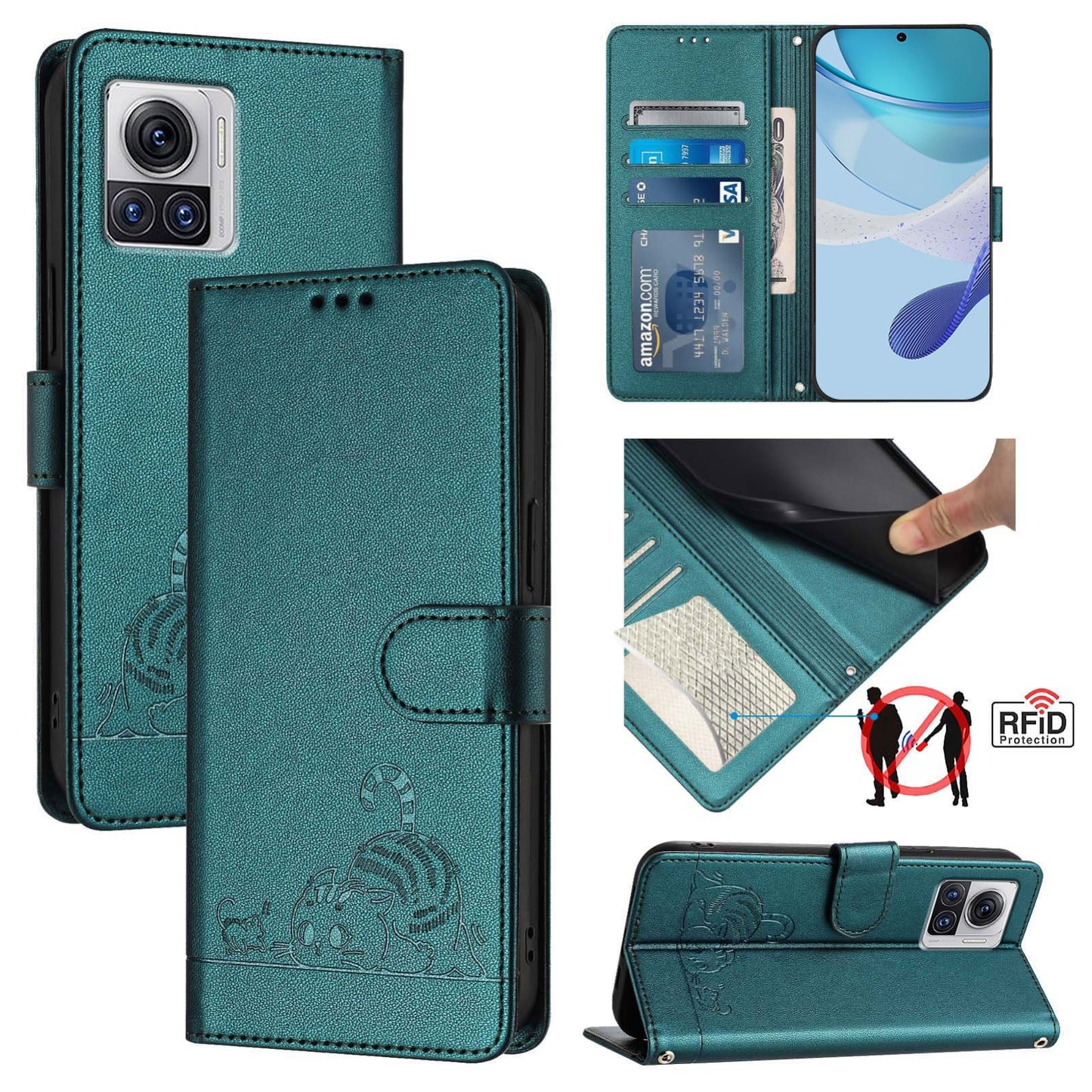 Motorola Moto X30 Pro 5G Cat and Rat Embossed Pattern, RFID Leather Phone Case with Lanyard, Kickstand, and Wallet Features