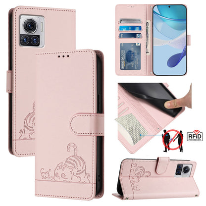 Motorola Edge 30 Ultra Cat and Rat Embossed Pattern, RFID Leather Phone Case with Lanyard, Kickstand, and Wallet Features