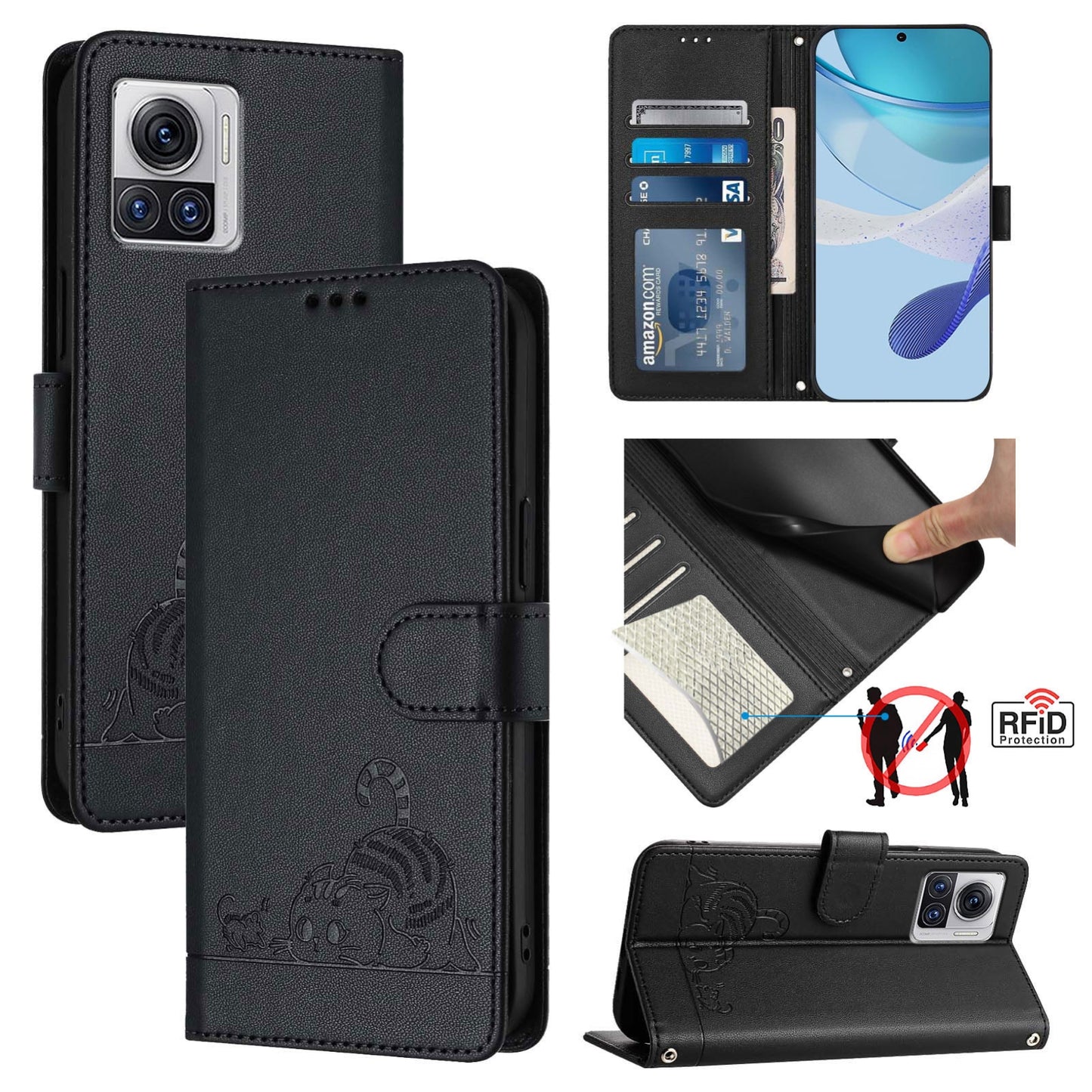 Motorola Edge 30 Ultra Cat and Rat Embossed Pattern, RFID Leather Phone Case with Lanyard, Kickstand, and Wallet Features