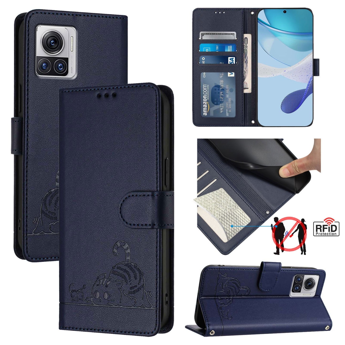 Motorola Edge 30 Ultra Cat and Rat Embossed Pattern, RFID Leather Phone Case with Lanyard, Kickstand, and Wallet Features