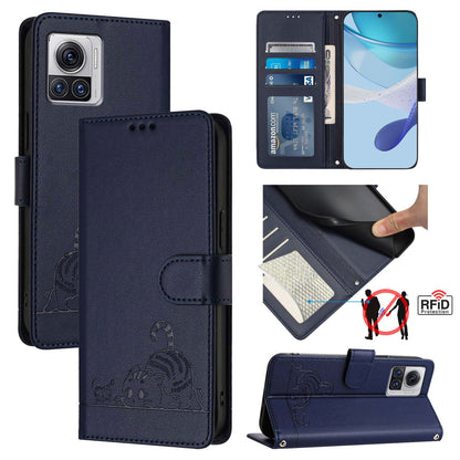 Motorola Edge 30 Ultra Cat and Rat Embossed Pattern, RFID Leather Phone Case with Lanyard, Kickstand, and Wallet Features