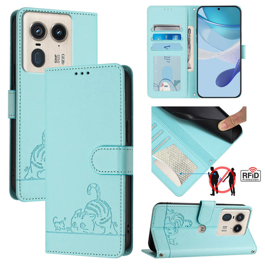Motorola Edge 50 Ultra Cat and Rat Embossed Pattern, RFID Leather Phone Case with Lanyard, Kickstand, and Wallet Features
