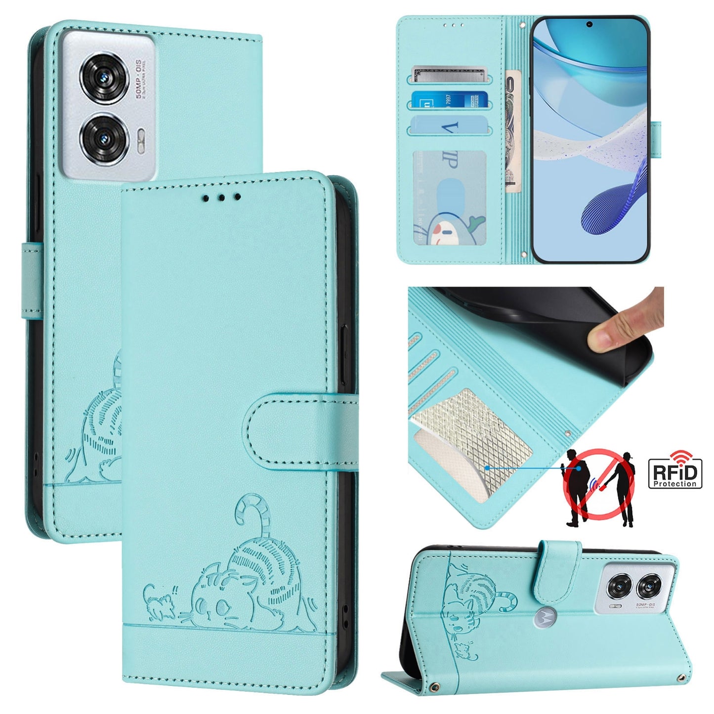 Motorola Edge 50 Fusion Cat and Rat Embossed Pattern, RFID Leather Phone Case with Lanyard, Kickstand, and Wallet Features