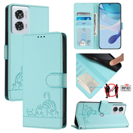 Motorola Edge 50 Fusion Cat and Rat Embossed Pattern, RFID Leather Phone Case with Lanyard, Kickstand, and Wallet Features