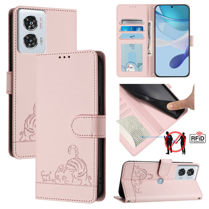 Motorola Edge 50 Fusion Cat and Rat Embossed Pattern, RFID Leather Phone Case with Lanyard, Kickstand, and Wallet Features