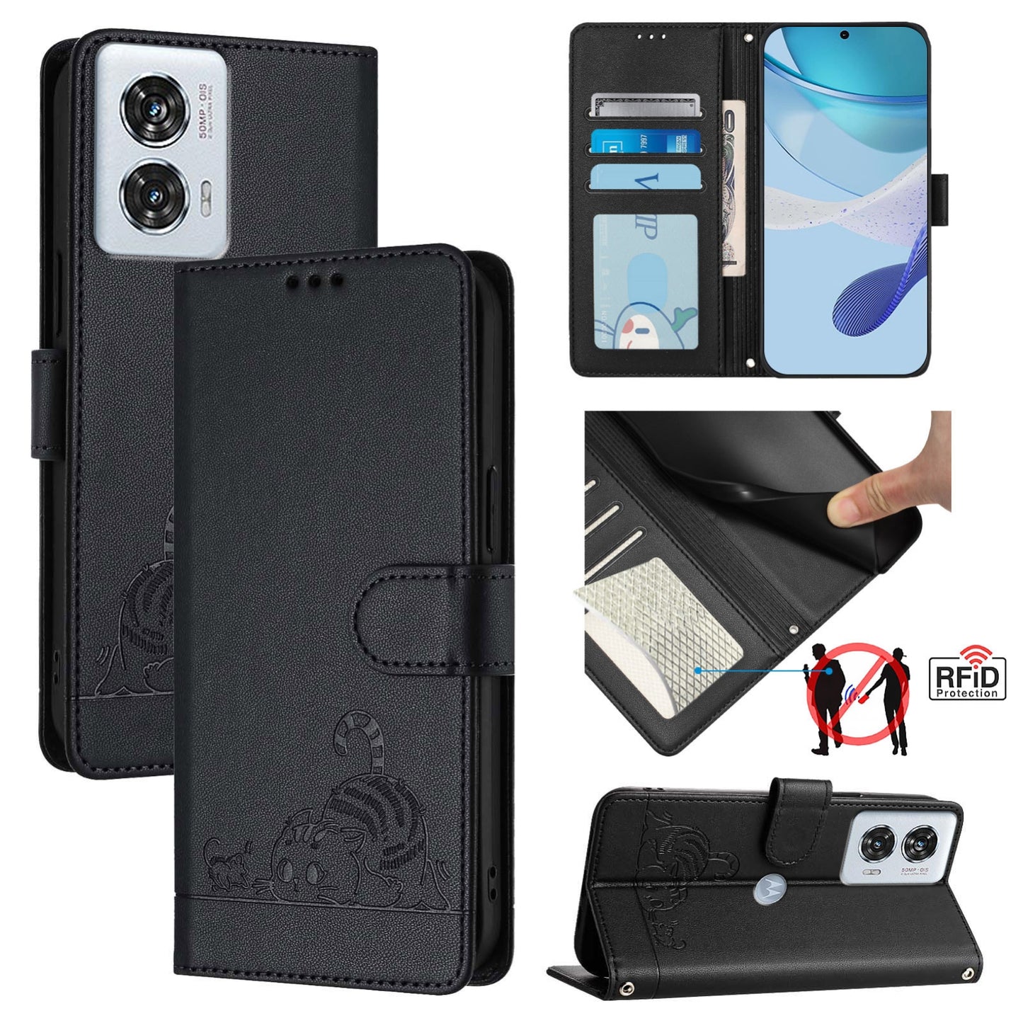Motorola Edge 50 Fusion Cat and Rat Embossed Pattern, RFID Leather Phone Case with Lanyard, Kickstand, and Wallet Features