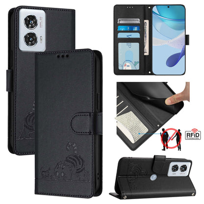 Motorola Edge 50 Fusion Cat and Rat Embossed Pattern, RFID Leather Phone Case with Lanyard, Kickstand, and Wallet Features