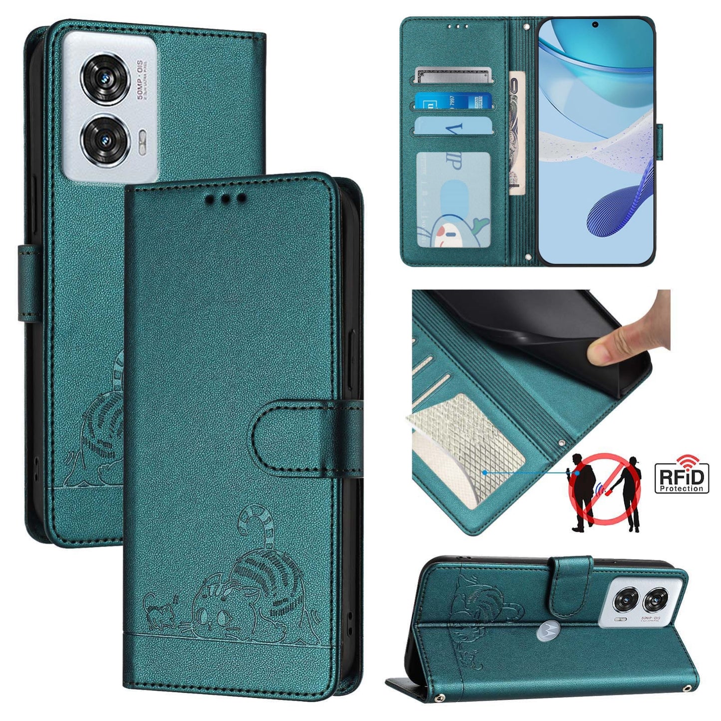 Motorola Edge 50 Fusion Cat and Rat Embossed Pattern, RFID Leather Phone Case with Lanyard, Kickstand, and Wallet Features
