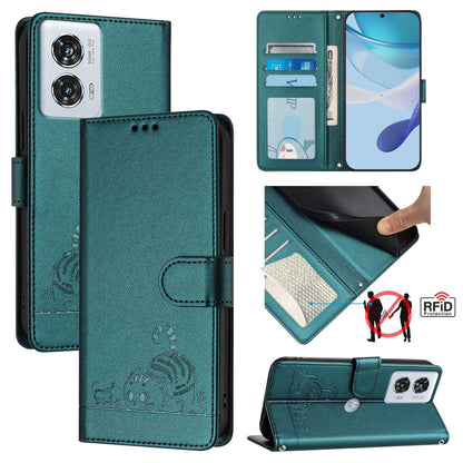 Motorola Edge 50 Fusion Cat and Rat Embossed Pattern, RFID Leather Phone Case with Lanyard, Kickstand, and Wallet Features