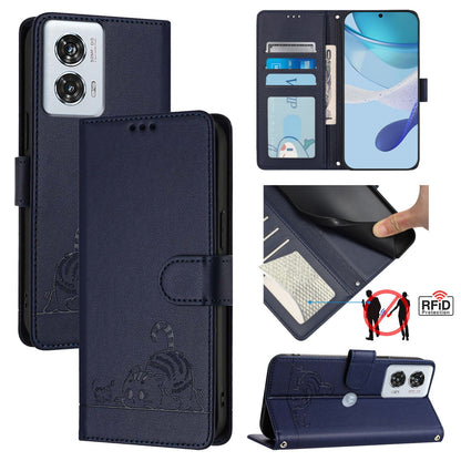 Motorola Edge 50 Fusion Cat and Rat Embossed Pattern, RFID Leather Phone Case with Lanyard, Kickstand, and Wallet Features