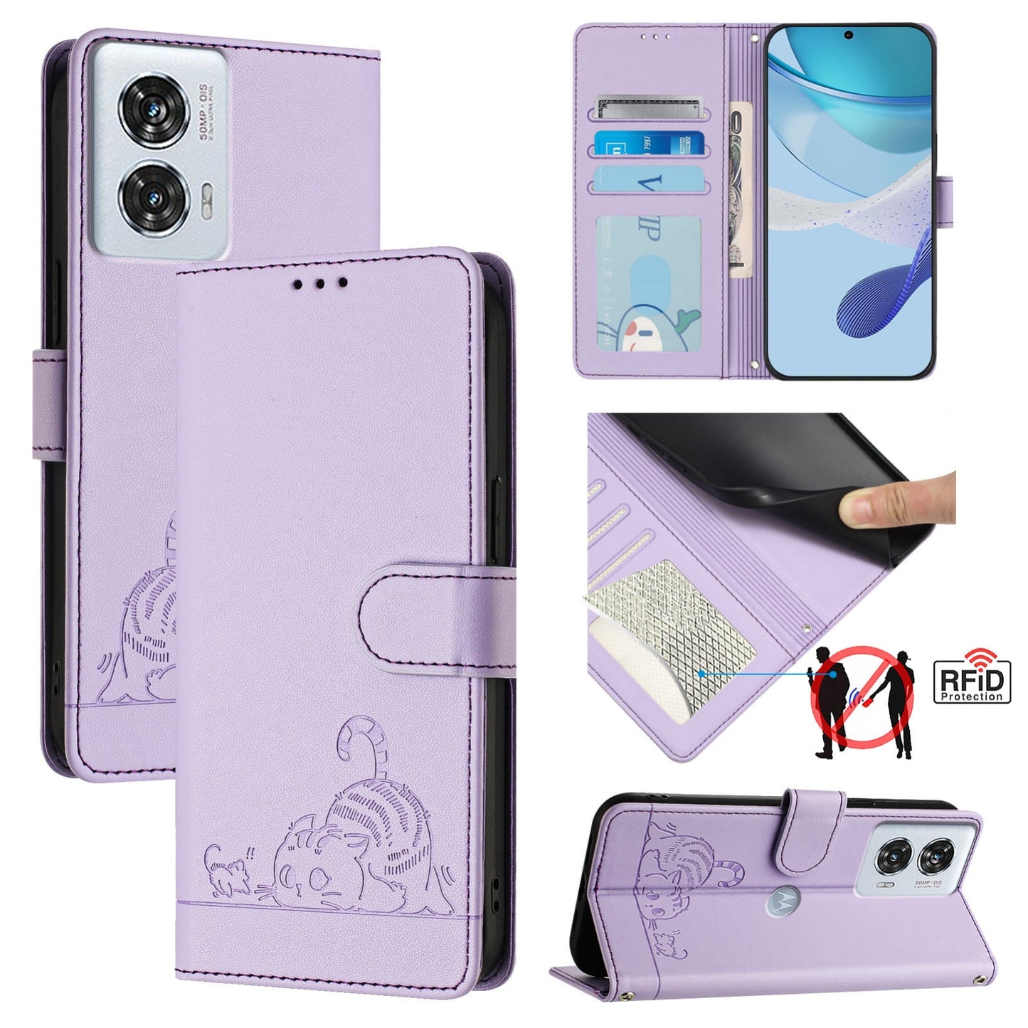 Motorola Edge 50 Fusion Cat and Rat Embossed Pattern, RFID Leather Phone Case with Lanyard, Kickstand, and Wallet Features
