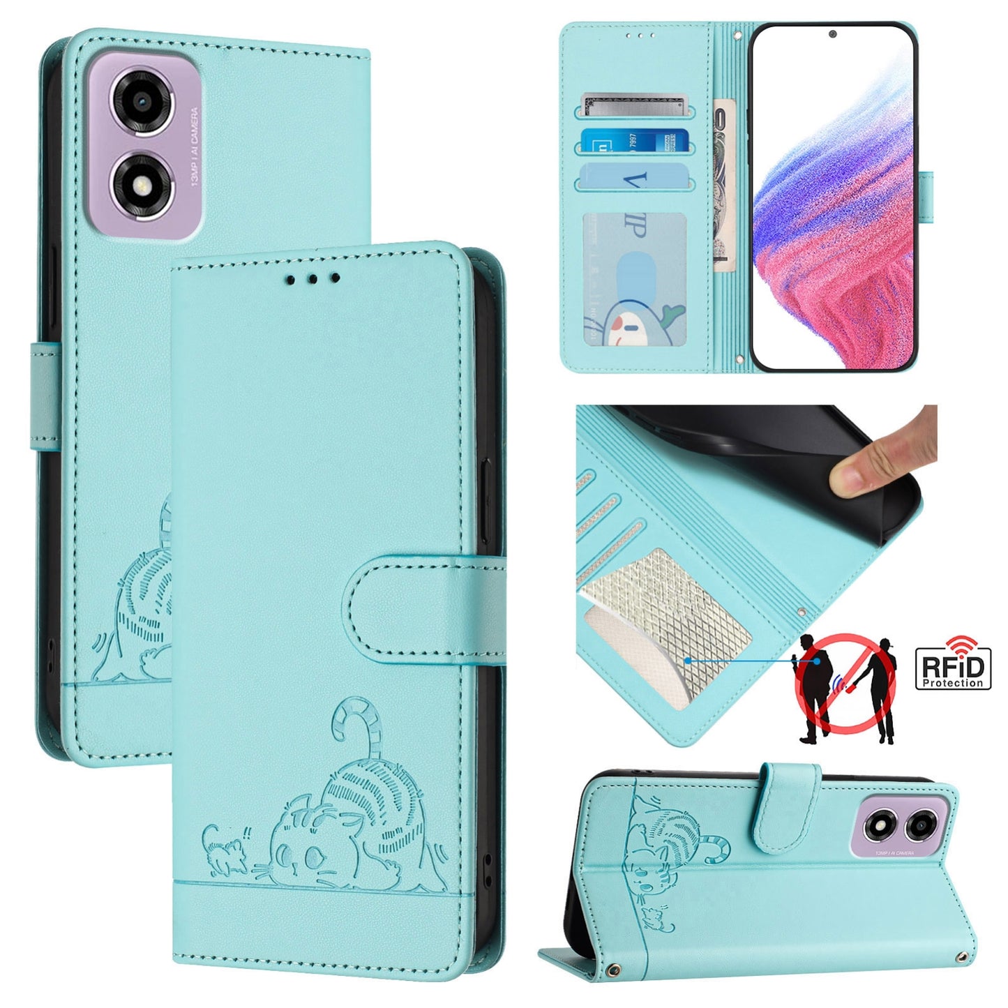 Motorola Moto E14 Cat and Rat Embossed Pattern, RFID Leather Phone Case with Lanyard, Kickstand, and Wallet Features