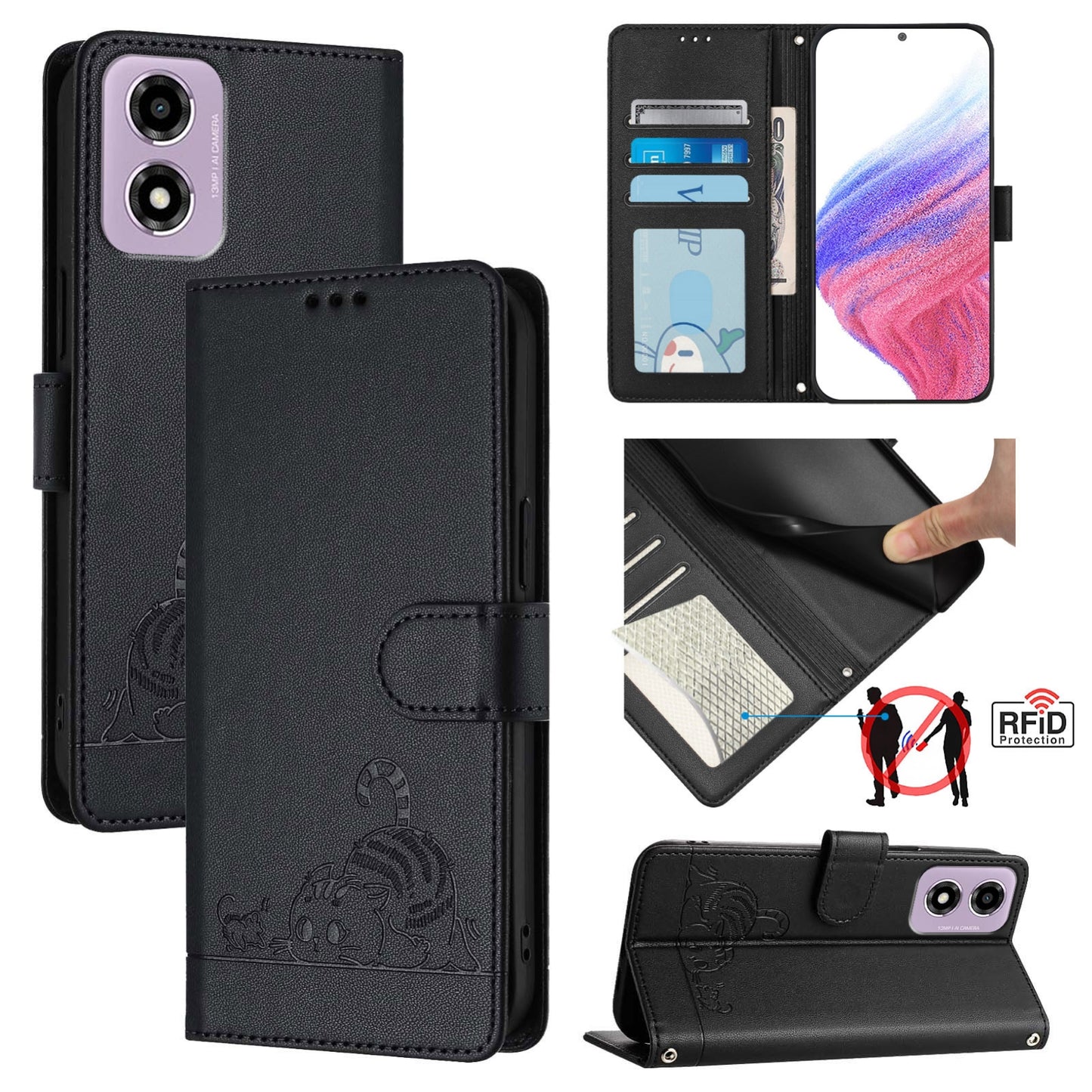 Motorola Moto E14 Cat and Rat Embossed Pattern, RFID Leather Phone Case with Lanyard, Kickstand, and Wallet Features