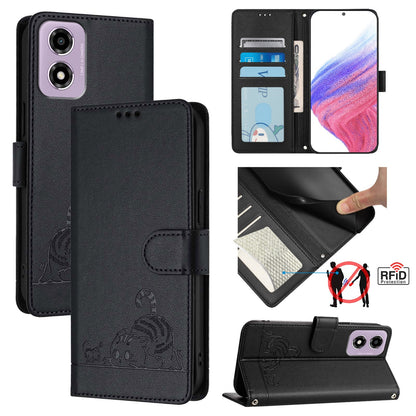 Motorola Moto E14 Cat and Rat Embossed Pattern, RFID Leather Phone Case with Lanyard, Kickstand, and Wallet Features