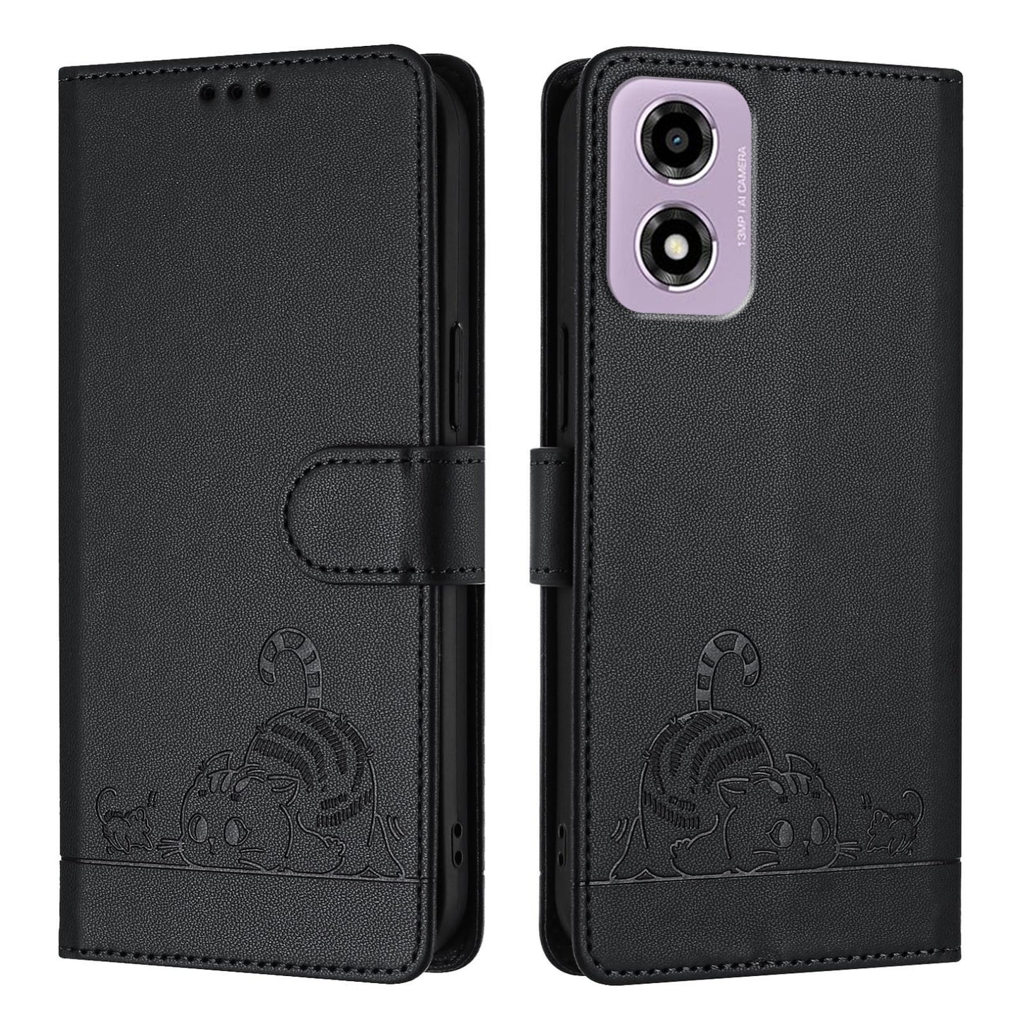Motorola Moto E14 Cat and Rat Embossed Pattern, RFID Leather Phone Case with Lanyard, Kickstand, and Wallet Features