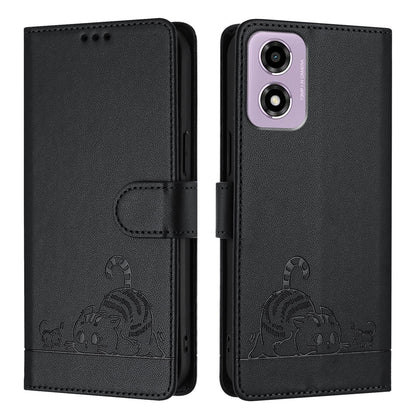 Motorola Moto E14 Cat and Rat Embossed Pattern, RFID Leather Phone Case with Lanyard, Kickstand, and Wallet Features