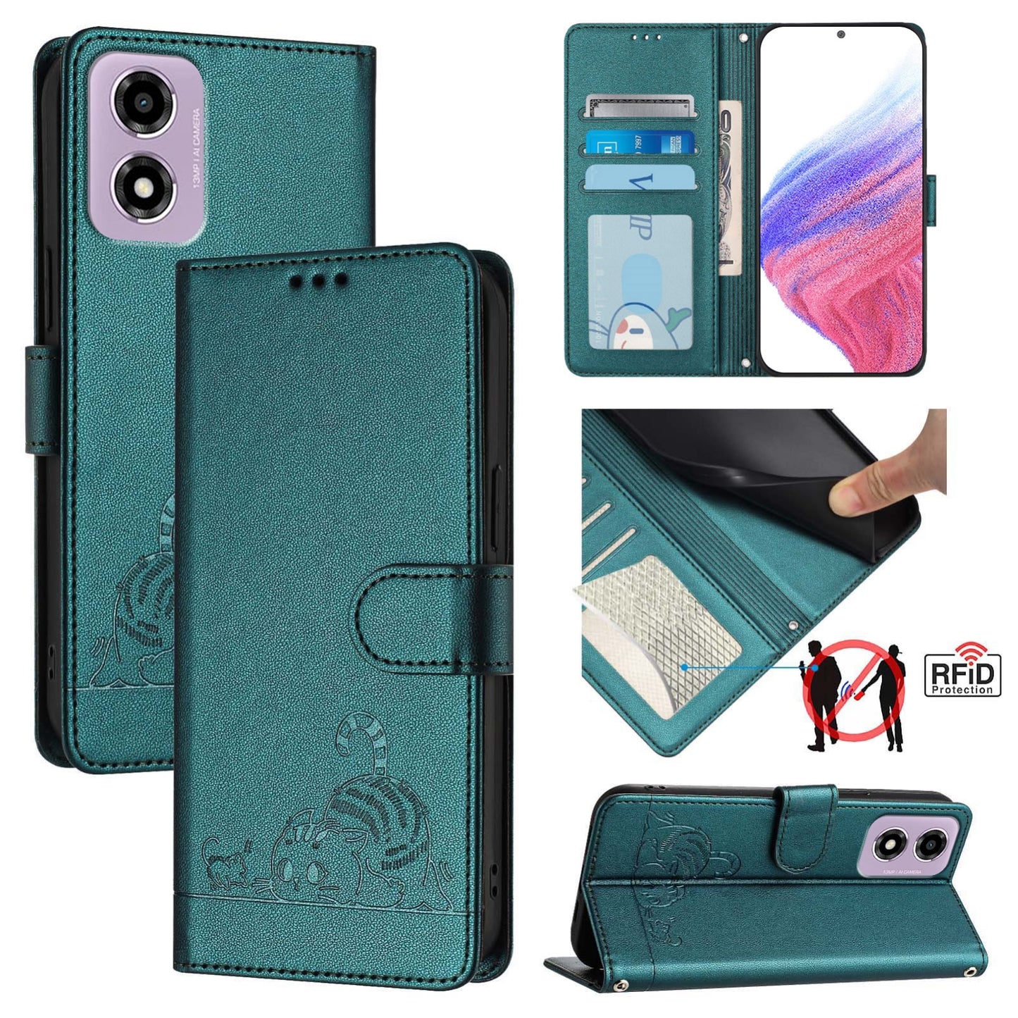 Motorola Moto E14 Cat and Rat Embossed Pattern, RFID Leather Phone Case with Lanyard, Kickstand, and Wallet Features