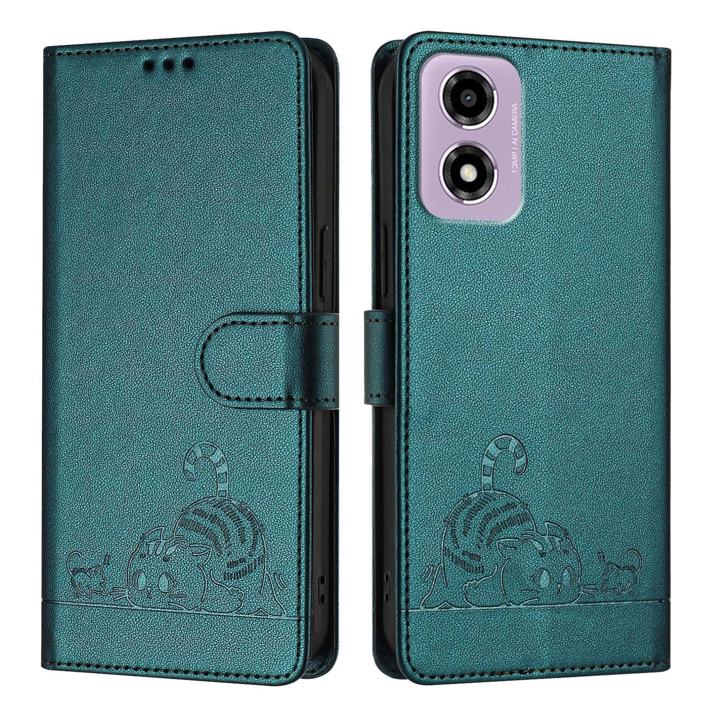 Motorola Moto E14 Cat and Rat Embossed Pattern, RFID Leather Phone Case with Lanyard, Kickstand, and Wallet Features