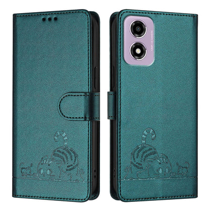 Motorola Moto E14 Cat and Rat Embossed Pattern, RFID Leather Phone Case with Lanyard, Kickstand, and Wallet Features