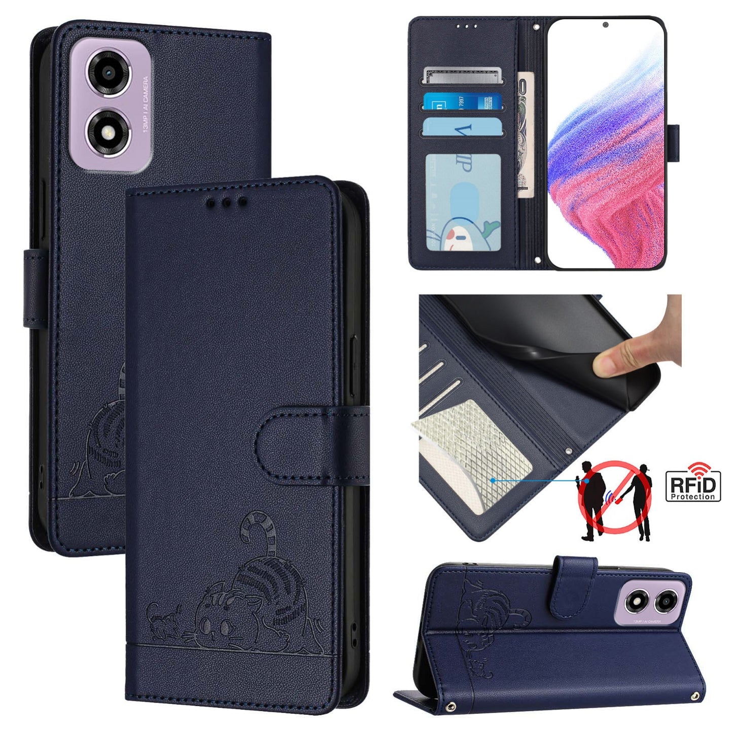 Motorola Moto E14 Cat and Rat Embossed Pattern, RFID Leather Phone Case with Lanyard, Kickstand, and Wallet Features