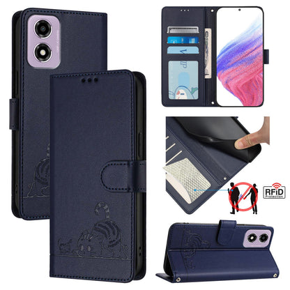 Motorola Moto E14 Cat and Rat Embossed Pattern, RFID Leather Phone Case with Lanyard, Kickstand, and Wallet Features