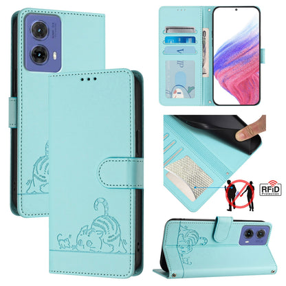 Motorola Moto G85 Cat and Rat Embossed Pattern, RFID Leather Phone Case with Lanyard, Kickstand, and Wallet Features