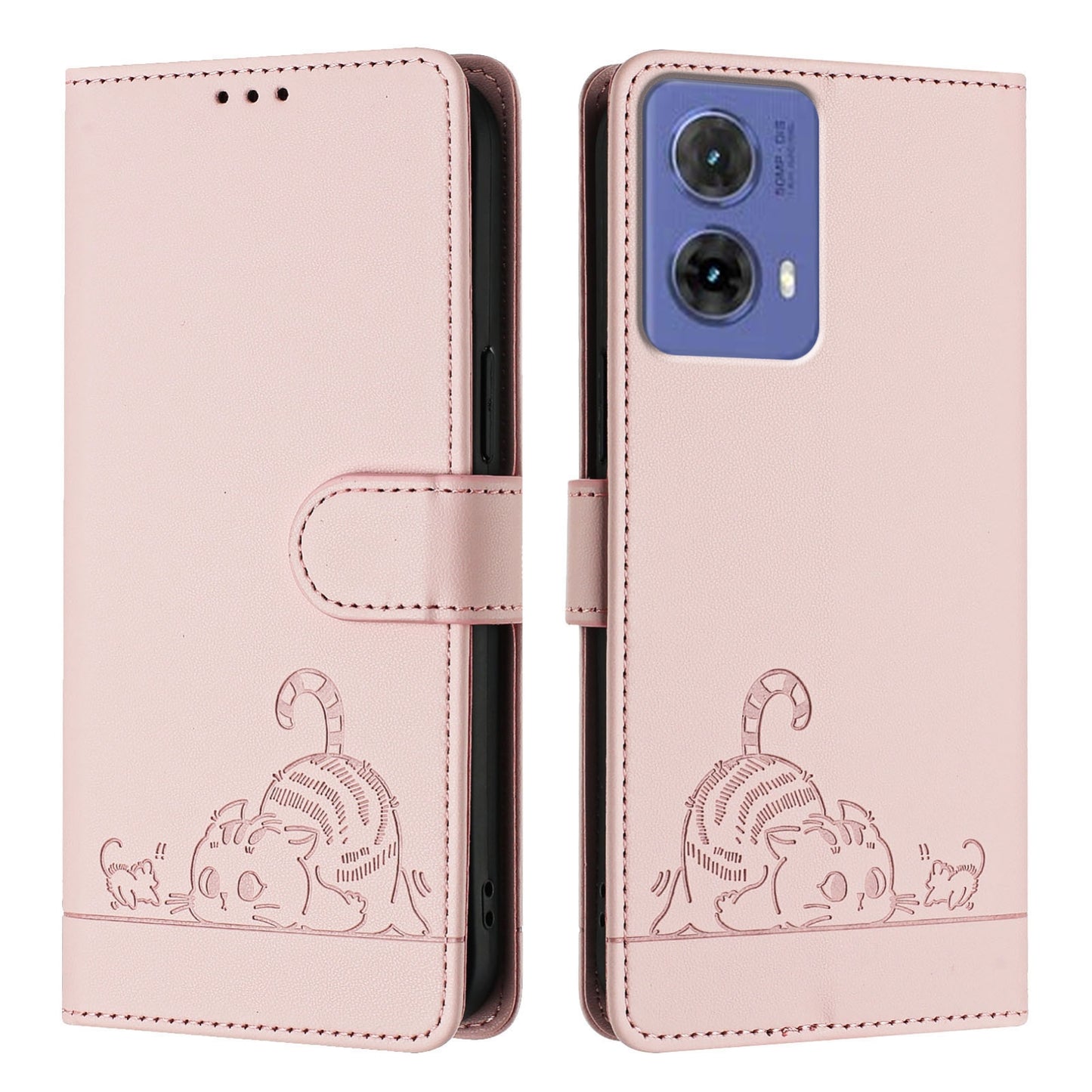 Motorola Moto G85 Cat and Rat Embossed Pattern, RFID Leather Phone Case with Lanyard, Kickstand, and Wallet Features