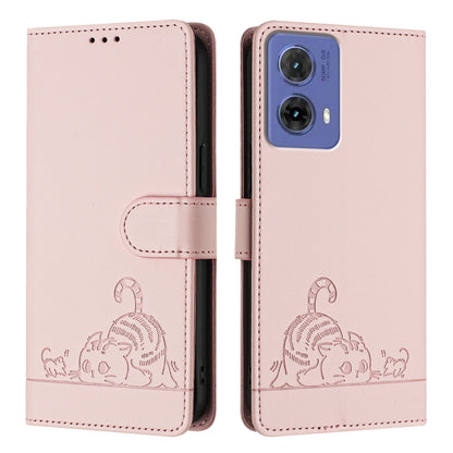 Motorola Moto G85 Cat and Rat Embossed Pattern, RFID Leather Phone Case with Lanyard, Kickstand, and Wallet Features