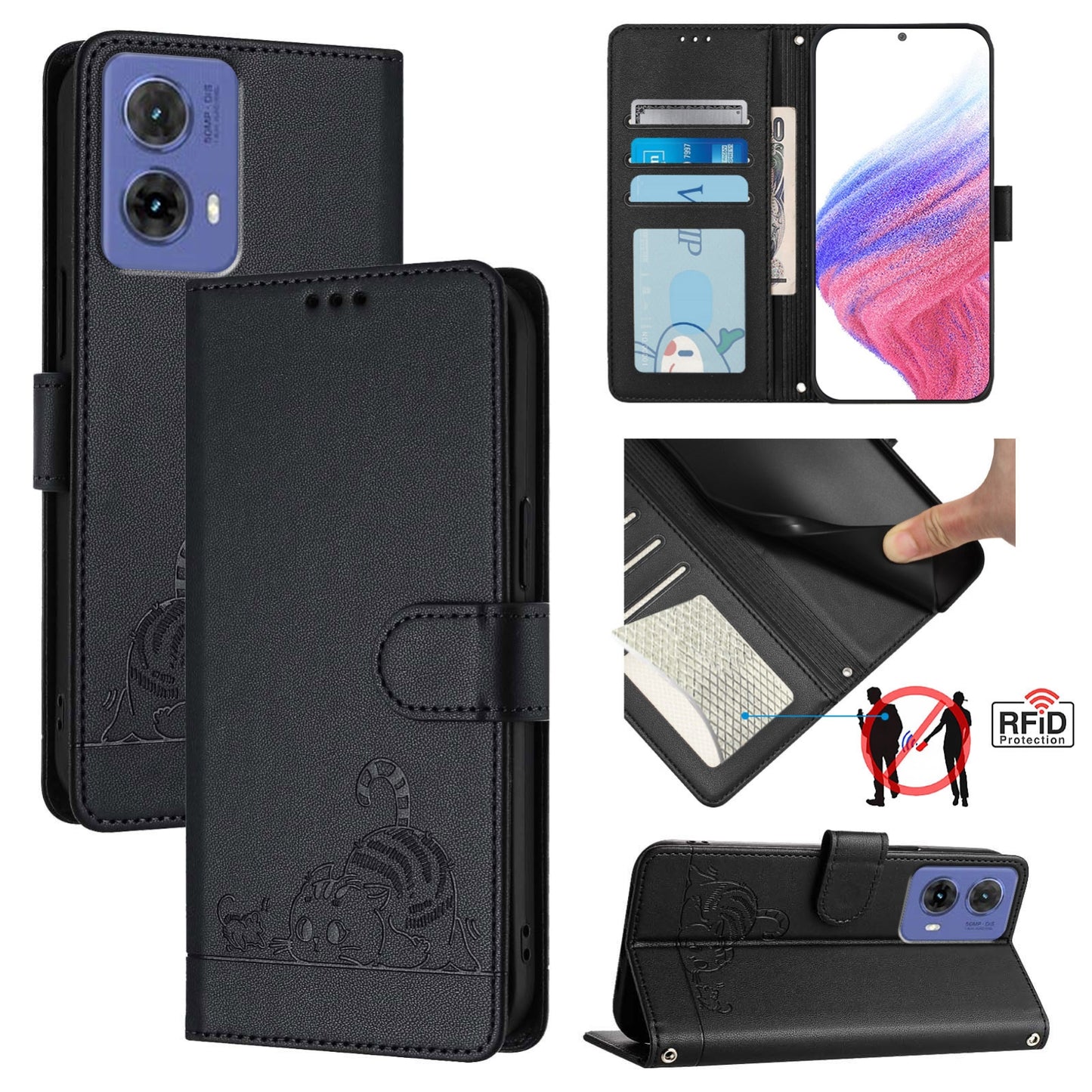 Motorola Moto G85 Cat and Rat Embossed Pattern, RFID Leather Phone Case with Lanyard, Kickstand, and Wallet Features