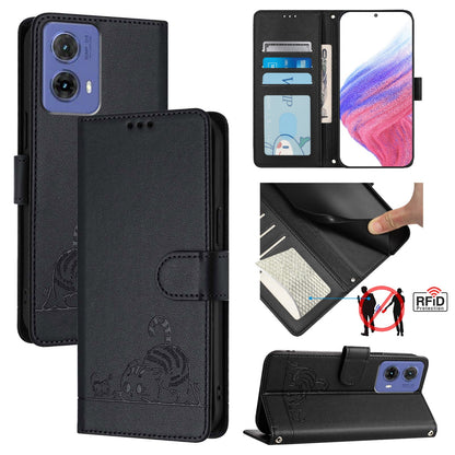 Motorola Moto G85 Cat and Rat Embossed Pattern, RFID Leather Phone Case with Lanyard, Kickstand, and Wallet Features