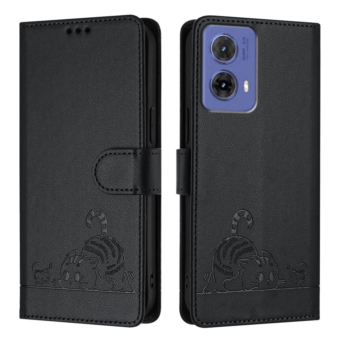 Motorola Moto G85 Cat and Rat Embossed Pattern, RFID Leather Phone Case with Lanyard, Kickstand, and Wallet Features