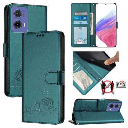Motorola Moto G85 Cat and Rat Embossed Pattern, RFID Leather Phone Case with Lanyard, Kickstand, and Wallet Features