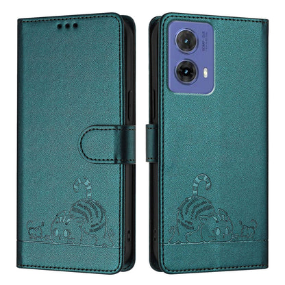Motorola Moto G85 Cat and Rat Embossed Pattern, RFID Leather Phone Case with Lanyard, Kickstand, and Wallet Features
