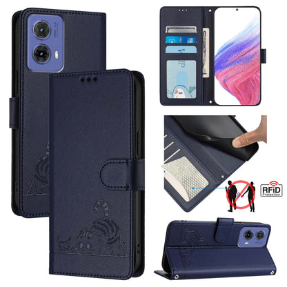 Motorola Moto G85 Cat and Rat Embossed Pattern, RFID Leather Phone Case with Lanyard, Kickstand, and Wallet Features