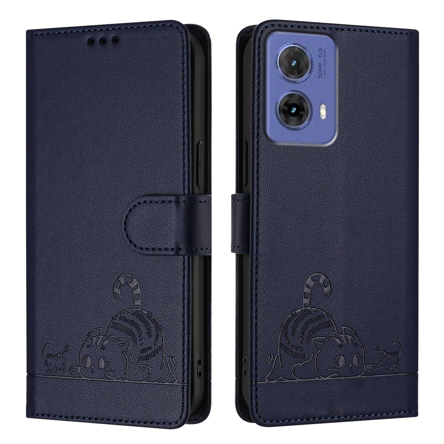 Motorola Moto G85 Cat and Rat Embossed Pattern, RFID Leather Phone Case with Lanyard, Kickstand, and Wallet Features