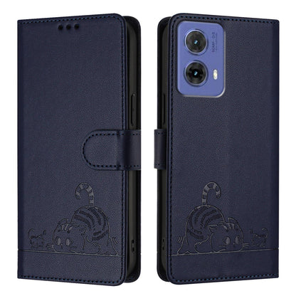 Motorola Moto G85 Cat and Rat Embossed Pattern, RFID Leather Phone Case with Lanyard, Kickstand, and Wallet Features