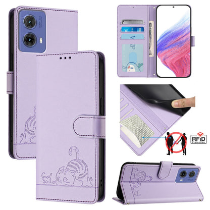 Motorola Moto G85 Cat and Rat Embossed Pattern, RFID Leather Phone Case with Lanyard, Kickstand, and Wallet Features