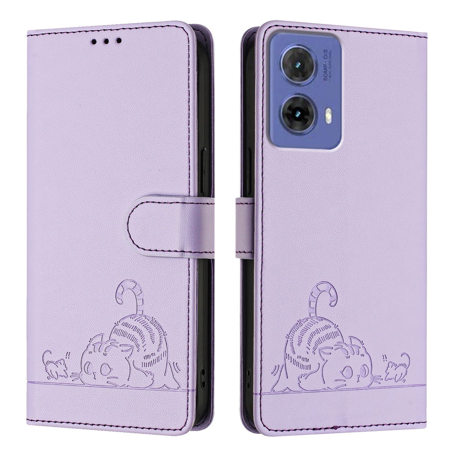 Motorola Moto G85 Cat and Rat Embossed Pattern, RFID Leather Phone Case with Lanyard, Kickstand, and Wallet Features