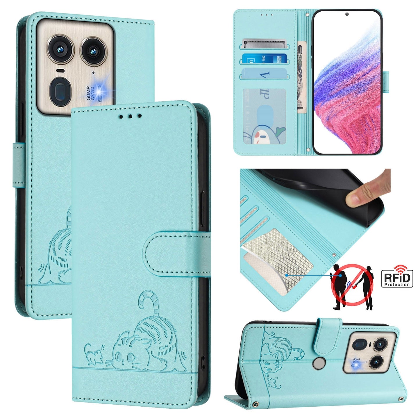Motorola Edge 5G Global Cat and Rat Embossed Pattern, RFID Leather Phone Case with Lanyard, Kickstand, and Wallet Features