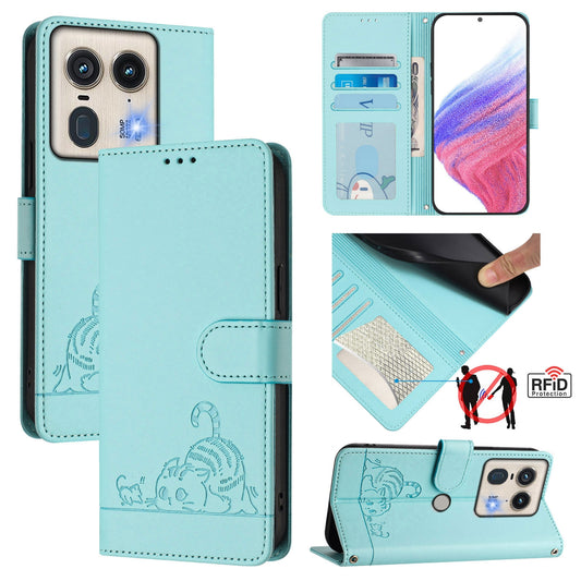 Motorola Edge 5G Global Cat and Rat Embossed Pattern, RFID Leather Phone Case with Lanyard, Kickstand, and Wallet Features
