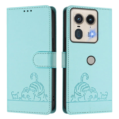 Motorola Edge 5G Global Cat and Rat Embossed Pattern, RFID Leather Phone Case with Lanyard, Kickstand, and Wallet Features