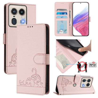 Motorola Edge 5G Global Cat and Rat Embossed Pattern, RFID Leather Phone Case with Lanyard, Kickstand, and Wallet Features