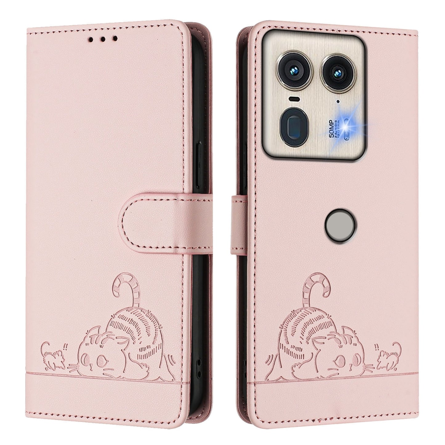 Motorola Edge 5G Global Cat and Rat Embossed Pattern, RFID Leather Phone Case with Lanyard, Kickstand, and Wallet Features