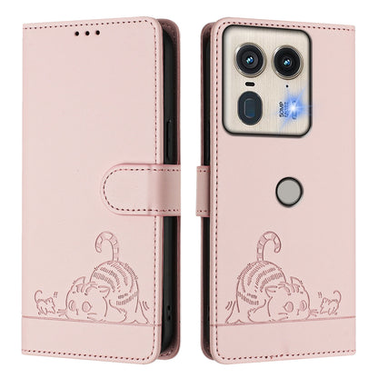 Motorola Edge 5G Global Cat and Rat Embossed Pattern, RFID Leather Phone Case with Lanyard, Kickstand, and Wallet Features