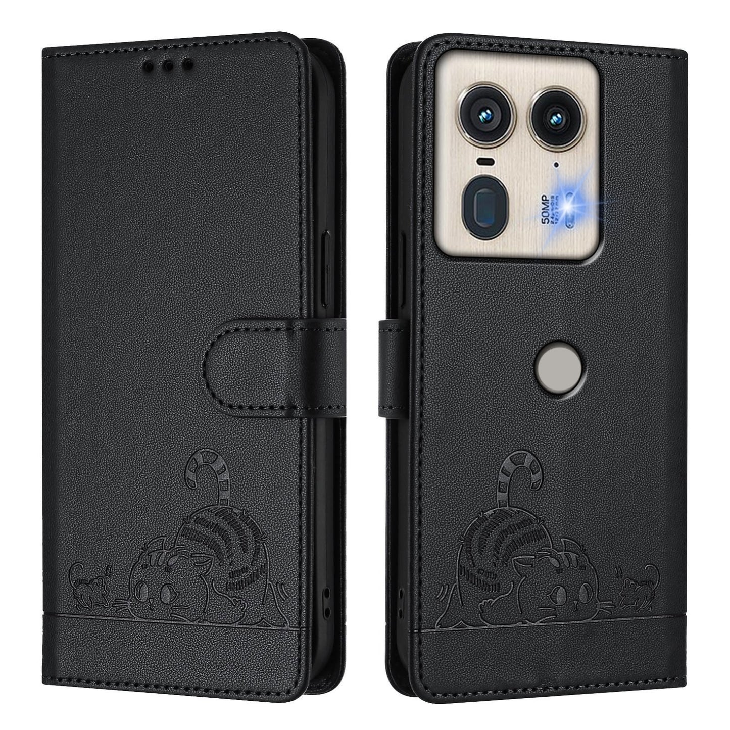 Motorola Edge 5G Global Cat and Rat Embossed Pattern, RFID Leather Phone Case with Lanyard, Kickstand, and Wallet Features