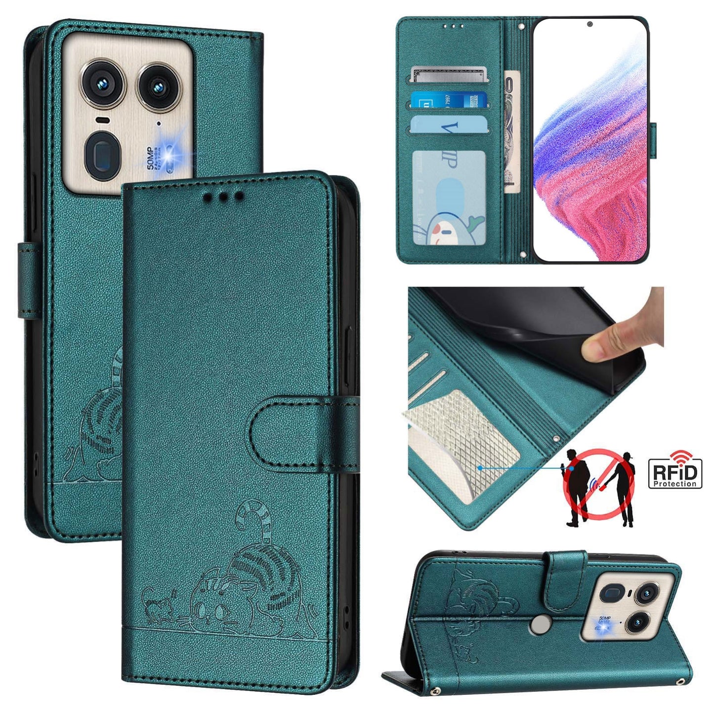 Motorola Edge 5G Global Cat and Rat Embossed Pattern, RFID Leather Phone Case with Lanyard, Kickstand, and Wallet Features