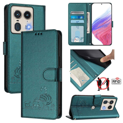 Motorola Edge 5G Global Cat and Rat Embossed Pattern, RFID Leather Phone Case with Lanyard, Kickstand, and Wallet Features