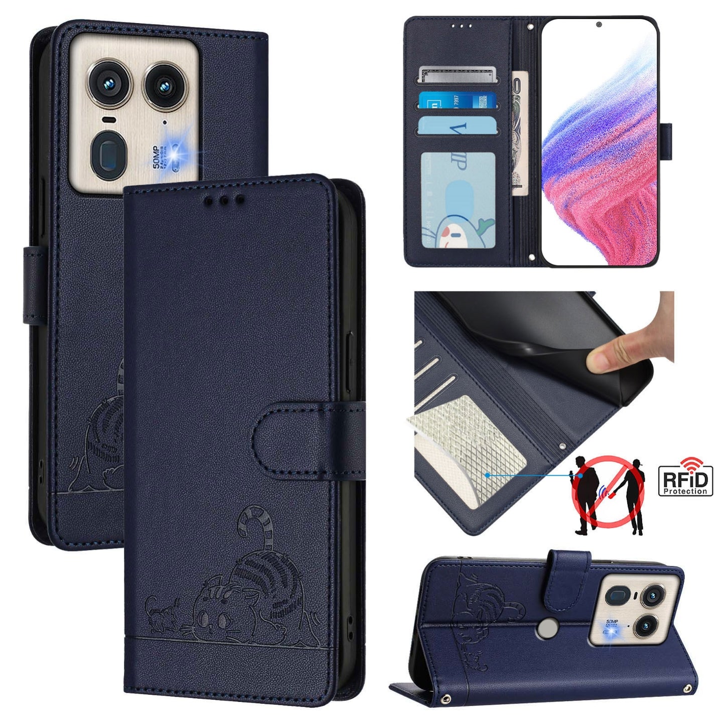 Motorola Edge 5G Global Cat and Rat Embossed Pattern, RFID Leather Phone Case with Lanyard, Kickstand, and Wallet Features